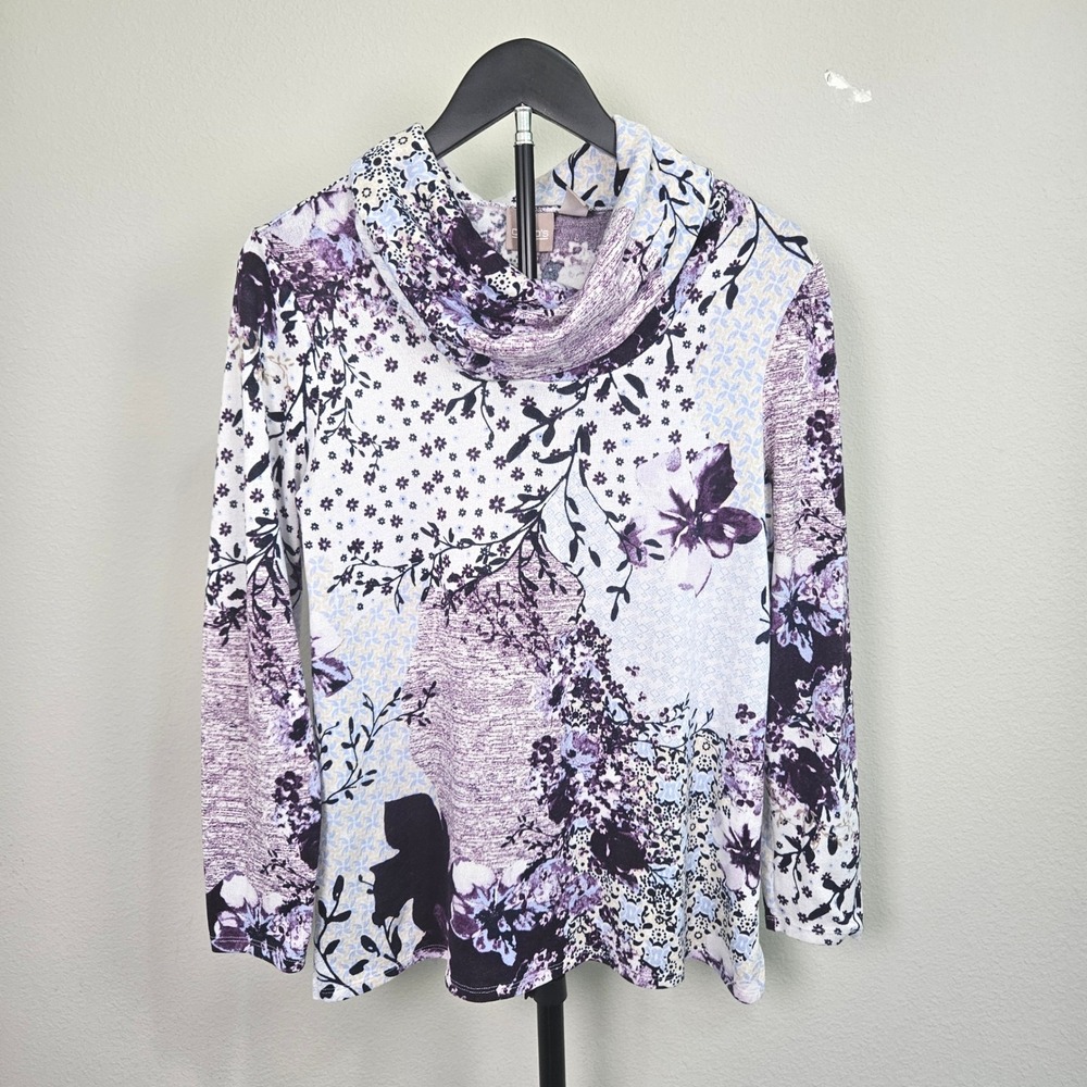 Chico's Cowl Neck Top Women Size 1 Purple Floral Long Sleeve Casual Classic